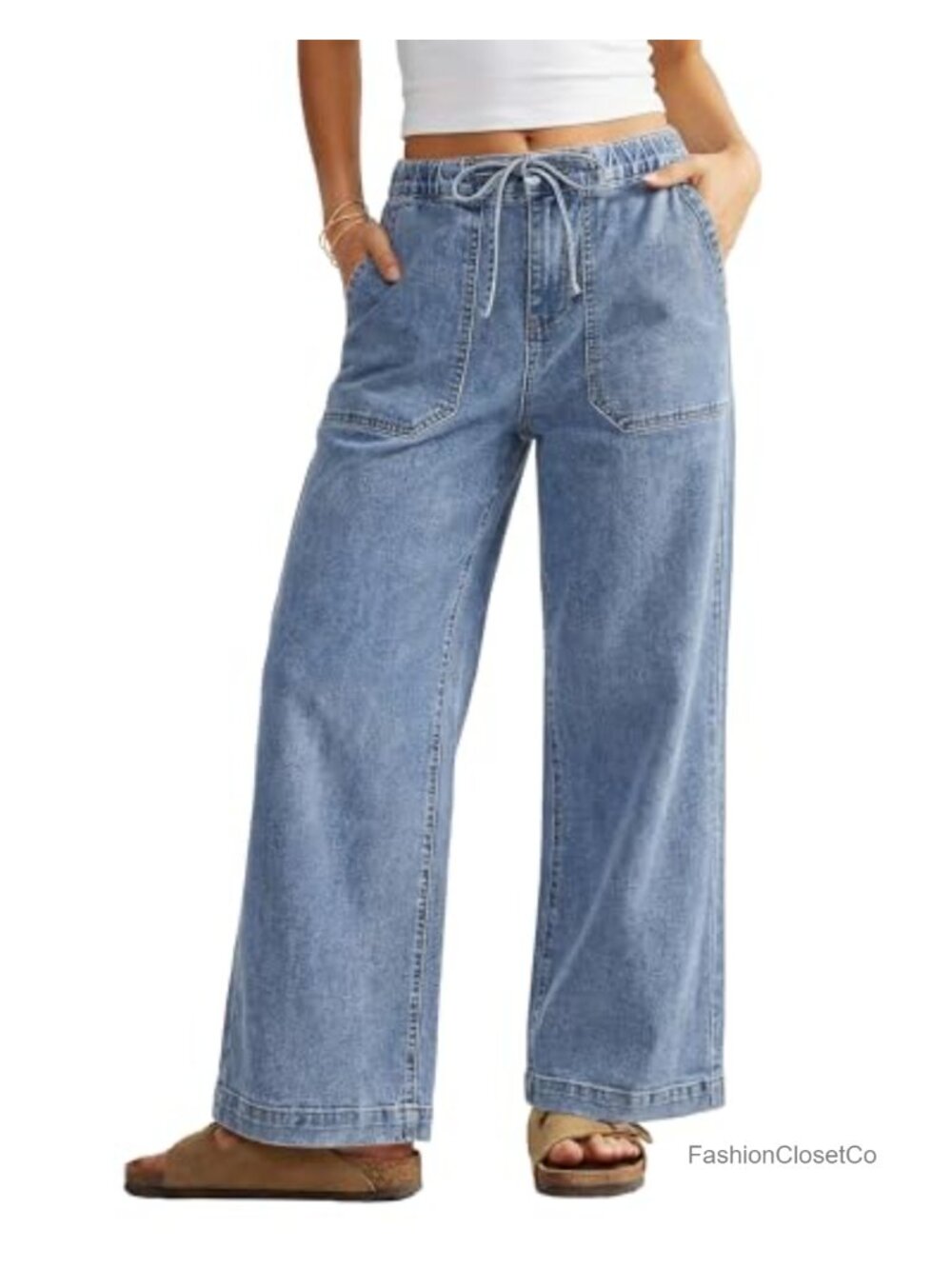 Wide Leg High Waisted Stretch Jeans for Women Drawstring Denim Pants